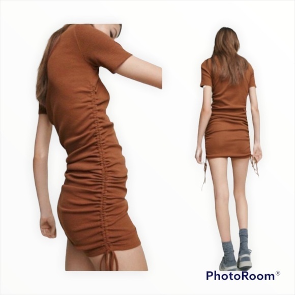 NWT ZARA Brown Short Sleeve Ruched Gathered Side Ribbed Mini T Shirt Dress Sz S - Picture 5 of 9